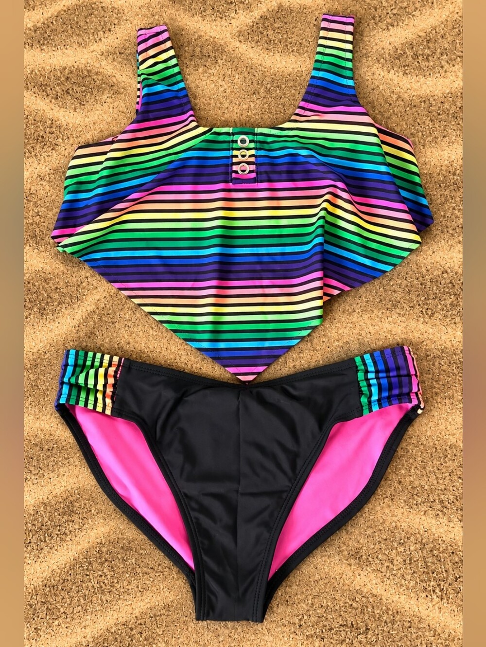 Wonder Nation Girls 10-12 Rainbow Stripe 2 Piece Flounce Bikini Swimsuit